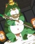 anthro armor barrier bed bedroom belly ceiling door fur furniture green_eyes headgear helmet katana kemono lights male melee_weapon navel overweight overweight_anthro overweight_male sliding_door solo sword weapon whiskers sigenoya takotyutyu koei_tecmo samurai_cats domestic_cat felid feline felis mammal 4:5