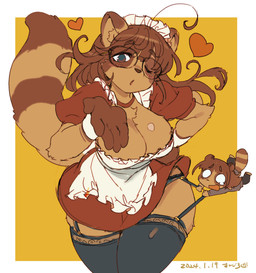 anthro black_clothing black_legwear blowing_kiss border brown_hair clothing duo empty_eyes eyewear female garter_straps glasses hair heart_symbol lace lace_stockings legwear maid_headdress maid_uniform micro one_eye_closed panties panty_shot red_clothing shirt_cuffs simple_background stockings strap_pull tail tears_of_desperation underwear uniform white_border yellow_background sanjiro canid canine mammal raccoon_dog tanuki 2024 dated hi_res unfinished
