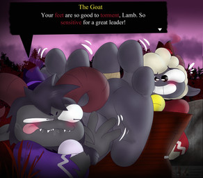 2_horns 3_toes ambiguous_gender anthro bell bell_collar big_feet black_body black_fur blush cape clothing collar crown describing_foot dialogue dominant dominant_anthro duo feet foot_fetish foot_focus fur headgear horizontal_pupils horn motion_lines pink_tongue plantigrade pupils purple_cape purple_clothing red_cape red_clothing restrained restrained_feet restraints smile soles stocks submissive submissive_anthro talking_to_another teeth text tickle_fetish tickle_torture tickling tickling_feet toe_restraints toes toes_tied tongue tongue_out white_body white_fur white_wool wool_(fur) skonczonyidiota cult_of_the_lamb massive_monster_(studio) goat_(cult_of_the_lamb) lamb_(cult_of_the_lamb) red_crown_(cult_of_the_lamb) bovid caprine goat mammal sheep english_text hi_res