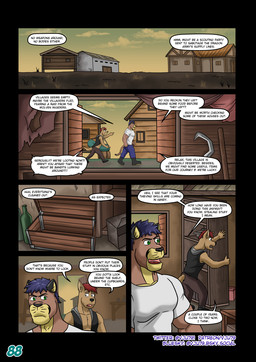 5_panel_comic abandoned_building anthro black_clothing black_eyes black_footwear black_shoes blue_hair boots bottomwear brown_body brown_hair building chest_(container) clothed clothing cloud cloudy_sky dialogue duffel_bag duo footwear green_eyes hair holding_bag house male page_number pants scavenging shelf shirt shoes sky speech_bubble tail text topwear vest walking vju79 cobby_(vju79) zudrec_(vju79) canid canine canis cougar felid feline mammal wolf comic english_text hi_res multiple_scenes url