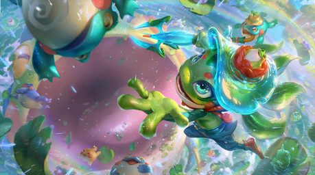 4_fingers ambiguous_gender anthro blue_eyes bottomwear clothing feral fingers flower footwear green_body group hat headgear headwear horizontal_pupils lily_pad open_mouth outside pants plant pupils raining shoes size_difference smile tongue water rudy_siswanto league_of_legends riot_games tencent fizz_(lol) rain_shepherd_fizz amphibian frog 2024 digital_media_(artwork) hi_res official_art