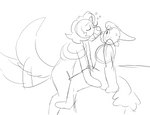 anthro bed blush drunk duo embarrassed female female/female furniture on_bed shy substance_intoxication tail tail_motion tailwag battycat charlotte_(battycat) sunny_(battycat) canid canine canis domestic_cat domestic_dog felid feline felis mammal monochrome sketch