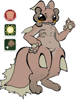 ambiguous_gender anthro black_eyes blush digitigrade gills navel orange_blush pawpads paws sharp_teeth simple_background slightly_chubby solo standing tail tan_body teeth thick_thighs wide_hips persikkukusik casualties:_unknown amphibian arthropod dune_(gunsawian) gunsawian insect full-length_portrait portrait