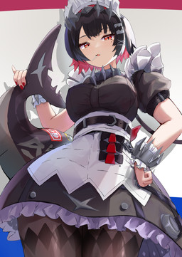 accessory belt big_breasts black_clothing black_legwear black_pantyhose bracelet breasts candy choker clothing colored_nails dessert female food hair hair_accessory hand_on_hip hand_on_own_hip holding_own_tail holding_tail jewelry legwear lollipop lollipop_in_mouth looking_at_viewer maid_apron maid_headdress maid_uniform markings mole_under_eye multicolored_hair nails necklace pantyhose red_eyes red_nails scar shark_tail short_hair spiked_bracelet spiked_headwear spikes tail tail_markings tail_scar two_tone_hair uniform tri-charat mihoyo zenless_zone_zero ellen_joe animal_humanoid aquatic aquatic_humanoid fish fish_humanoid humanoid shark_humanoid thiren absurd_res hi_res