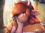 amber_eyes anthro bodily_fluids brown_hair clothing female first_person_view hair hand_on_face headgear headwear horn looking_at_viewer smile tears ardail changeling_tale marion_(changeling_tale) bovid bovine cattle mammal absurd_res hi_res