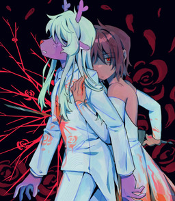 5_fingers ambiguous_gender ambiguous_human anthro antlers armwear backless_dress backstab black_background blonde_hair blood blood_on_clothing blood_on_dress blood_on_hand blood_on_object blood_on_weapon bodily_fluids brown_body brown_hair clothed clothing covered_eyes crossdressing dark detached_sleeves dress duo ears_down eye_through_hair female female_anthro fingers flower flower_motif freckles grabbing_from_behind hair hand_on_chest holding_another holding_melee_weapon holding_object holding_sword holding_weapon horn hug hugging_another hugging_from_behind impaled_with_own_weapon impalement killing long_hair looking_at_viewer married_couple medium_hair melee_weapon mind_control neutral_expression pivoted_ears plant red_eyes red_nose romantic romantic_couple rose_(flower) scene_parody scene_reference short_hair simple_background slim_anthro slim_female slim_male snowgrave suit sword tan_body tan_skin translucent translucent_hair weapon wedding_dress white_clothing white_dress white_suit goomyloid deltarune revolutionary_girl_utena undertale_(series) anthy_himemiya kris_dreemurr noelle_holiday utena_tenjou cervine deer human mammal new_world_deer reindeer 2025 alternate_version_at_source crossover digital_media_(artwork) hi_res portrait three-quarter_portrait nonbinary_(lore)