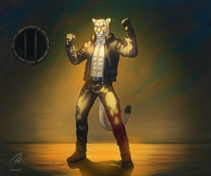 abs anthro belt boots clothing combat_boots detailed_background electricity eye_scar facial_scar fighting_pose fingerless_gloves flexing footwear gloves handwear jacket lightning male muscular muscular_anthro muscular_male pose powers scar shoes topwear osleepyevil ricius_teck cougar felid feline mammal