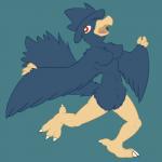 1:1 anthro anthrofied avian beak biped bird blue_background blue_body blue_fur breasts claws corvid feathered_wings feathers featureless_breasts female fur generation_2_pokemon genitals hi_res murkrow navel nintendo non-mammal_breasts nude open_mouth oscine passerine pokemon pokemon_(species) pokemorph posexe pussy red_eyes simple_background solo standing toe_claws tongue wings