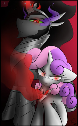 armor corruption curly_hair duo dutch_angle eyelashes eyelashes_through_hair female feral fur glowing glowing_eyes glowing_horn gradient_background green_sclera grey_body grey_fur hair horn jewelry larger_male magic male multicolored_hair pendant pink_hair purple_hair purple_tail red_eyes simple_background size_difference smaller_female tail translucent translucent_hair two_tone_hair white_body white_fur kingkrail friendship_is_magic hasbro jojo's_bizarre_adventure my_little_pony mythology king_sombra_(mlp) sweetie_belle_(mlp) equid equine mammal mythological_creature mythological_equine unicorn 5:8 hi_res