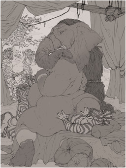 animal_genitalia anthro big_dom_small_sub border breasts dominant equine_genitalia female genitals group implied_oral jewelry male male/female markings masturbation overweight proboscis_(anatomy) side_boob size_difference size_play slightly_chubby smaller_female smaller_male trunk_(anatomy) unbirthing vaginal vore white_border conditional_dnp oouna lagende elephant elephantid equid equine mammal proboscidean zebra 3:4 absurd_res black_and_white hi_res monochrome