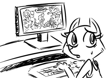 anthro bodily_fluids clothed clothing computer desk electronics embarrassed female furniture keyboard looking_back monitor simple_background solo sweat sweatdrop table white_background inkyfrog blizzard_entertainment disney warcraft zootopia caitlin_vison fan_character european_polecat mammal mustelid musteline true_musteline weasel 2017 black_and_white digital_media_(artwork) monochrome