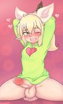 anal anal_penetration balls blonde_eyebrows blonde_hair blush bottomless clothed clothing clothing_cord dildo dildo_in_ass dildo_insertion dildo_sitting drawstring drawstring_topwear erection eyebrows eyelashes fake_cat_ears fake_ears femboy genitals green_eyes hair hands_behind_head heart_clothing heart_hoodie heart_print heart_symbol heart_topwear hearts_around_body hearts_around_head hoodie humanoid_genitalia humanoid_penis humanoid_pointy_ears inner_ear_fluff long_ears looking_at_viewer male motion_lines not_furry object_in_ass one_eye_closed open_mouth penetration penis pink_background pointy_ears print_clothing print_hoodie print_topwear raised_arms sex_toy sex_toy_in_ass sex_toy_insertion simple_background solo teeth text tongue tongue_out topwear tuft white_body white_skin wink maikox max_(hoodie) elf humanoid absurd_res artist_name hi_res