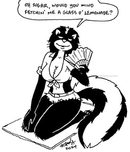 anthro bedroom_eyes bottomwear breasts cleavage clothed clothing daisy_dukes denim denim_bottomwear denim_clothing denim_shorts dialogue female fluffy fluffy_tail hand_fan hotpants midriff narrowed_eyes navel seductive shorts solo tail text tegerio zandar's_saga catherine_o'daisies mammal mephitid skunk 2024 english_text hi_res monochrome