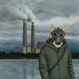 ambiguous_gender anthro clothing cloud fur gas_mask green_clothing green_jacket green_topwear industrial_architecture jacket mask outside overcast sky smokestack solo tan_body tan_fur topwear water wearing_mask avianvevo canid canine mammal 1:1 better_version_at_source hi_res