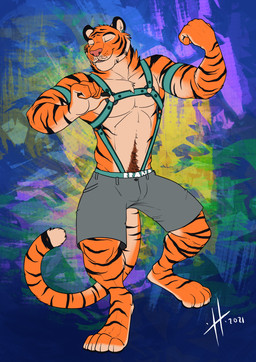abstract_background anthro bottomwear brown_pubes clothed clothing ear_piercing eyes_closed front_view fur gauged_ear grey_bottomwear grey_clothing grey_shorts male male_anthro markings muscular muscular_anthro muscular_male orange_body orange_fur piercing pubes shorts smile solo striped_arms striped_legs striped_markings striped_tail stripes tail tail_markings teal_harness topless hufnaar felid mammal pantherine tiger 2021 absurd_res dated full-length_portrait hi_res portrait