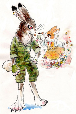 anthro bottomwear brown_body brown_eyes brown_fur camo claws clothed clothing dress duo ear_piercing feet female fingerless_gloves flower fully_clothed fur gloves handwear male open_mouth piercing plant red_eyes simple_background smile standing tail teeth tuft uniform whiskers white_background white_body white_fur kyokyota hare lagomorph leporid mammal rabbit 2015 traditional_media_(artwork)