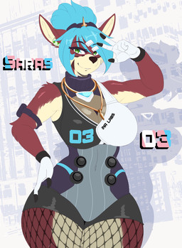accessory anthro blue_hair bottomwear clothed clothed_anthro clothed_female clothing female fishnet_clothing fur green_eyes hair hair_accessory hair_bun jewelry machine necklace shorts solo tan_body tan_fur text sly_shadex saras-03 android deer mammal robot hi_res trans_(lore)