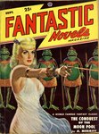 anthro armband black_eyes blonde_hair blue_eyes bracelet breasts cleavage clothed clothing collar dress female group hair jewelry kilt male pulp_cover ranged_weapon raygun side_boob staff text translucent translucent_clothing weapon lawrence_sterne_stevens fantastic_novels_magazine the_moon_pool yolara amphibian frog human mammal 1948 20th_century absurd_res ancient_art english_text hi_res