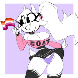 anthro big_breasts border bottomwear breasts choker clothed clothing female flag flag_(object) fur hair happy holding_flag holding_object horn jewelry legwear lesbian_pride_colors lgbt_pride long_hair necklace off_shoulder orange_lesbian_pride_colors panties ponytail pride_color_flag pride_colors simple_background skirt smile solo tail thick_thighs thigh_highs thong topwear underwear upskirt white_body white_border nelljoestar lgbt_pride_month molly_(nelljoestar) bovid caprine goat mammal 1:1 2026 better_version_at_source digital_media_(artwork) hi_res