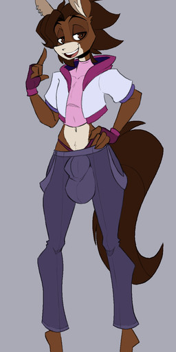anthro biped black_clothing black_fingerless_gloves black_gloves black_handwear bottomwear brown_body brown_fur brown_hair bulge clothed clothing countershade_face countershade_torso countershading crop_top detailed_bulge ear_piercing ear_ring eyebrows femboy fingerless_gloves front_view fur gloves hair half-closed_eyes handwear hooves jacket looking_at_viewer male narrowed_eyes navel open_mouth open_smile pants piercing ring_piercing shirt short_hair simple_background smile solo standing teeth thong_straps tight_bottomwear tight_clothing tight_pants tongue topwear unguligrade white_body white_countershading white_fur jrvanesbroek equid equine horse mammal 2025 hi_res
