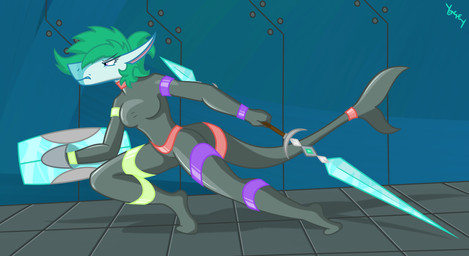 angry anthro blade bodysuit breasts clothed clothing female hair melee_weapon non-mammal_breasts polearm science_fiction shield skinsuit solo tight_clothing weapon yenchey aniyah aquatic fish shark absurd_res digital_media_(artwork) hi_res