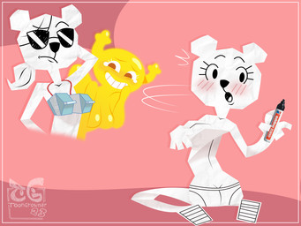age_difference anthro blush bodily_fluids bra breasts butt clothed clothing container covering covering_breasts crying_laughing duo embarrassed eyewear female hair hand_behind_head hand_on_hip head_turned laugh marker milk milk_carton milk_container older_female on_model panties ponytail pose sunglasses tears topless topless_anthro topless_female underwear toongrowner cartoon_network the_amazing_world_of_gumball penny_fitzgerald teri_(tawog) bear mammal paper_creature 4:3 absurd_res hi_res