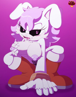 anthro black_sclera blush boots bracelet breasts clothing crouching eyelashes female footwear fur gloves hair hand_on_own_breast handwear jewelry lace_panties licking licking_lips mostly_nude nipples open_mouth open_smile pink_eyes pink_hair shoes smile solo tongue tongue_out torn_clothing torn_gloves torn_handwear white_body white_fur ladycherrybomba sega sonic_the_hedgehog_(series) fan_character lagomorph leporid mammal rabbit hi_res signature