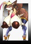 anthro areola big_breasts bodily_fluids breasts clothing female footwear high_heels huge_breasts legwear mature_female nipples pink_eyes shoes solo sweat tail thick_thighs thigh_highs taharon bandai_namco digimon digimon_(species) garurumon hi_res