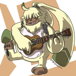 acoustic_guitar ambiguous_gender anthro belt front_view fur guitar hair hair_over_eyes long_ears musical_instrument playing_guitar playing_music plucked_string_instrument simple_background solo string_instrument text yellow_body yellow_fur mergrazzini bandai_namco digimon digimon_ghost_game angoramon digimon_(species) lagomorph leporid mammal rabbit 1:1 hi_res url