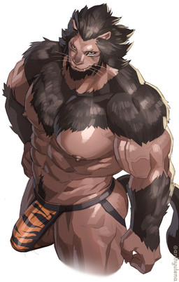 abs animal_print anthro balls barazoku biceps brown_body brown_fur bulge claws clothing detailed_bulge facial_hair fangs finger_claws fur genital_outline genitals hair jockstrap male muscular muscular_anthro muscular_male nipples pecs penis penis_outline pose pubes quads sharp_teeth simple_background solo tail teeth tiger_print triceps underwear vein veiny_muscles whiskers white_background wasp_(artist) final_fantasy final_fantasy_xiv square_enix felid hrothgar mammal 2023 hi_res pinup portrait three-quarter_portrait