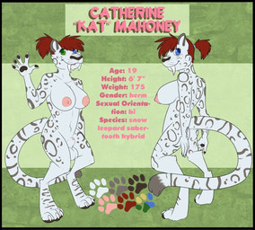 animal_genitalia anthro big_breasts breasts digitigrade fangs genitals hair herm heterochromia intersex looking_at_viewer markings nude red_hair sabertooth_(anatomy) sheath solo spots spotted_markings tasteful_nudity teeth text xchiseaxmargaritax katherine_(jason118) felid hybrid mammal pantherine prehistoric_species saber-toothed_tiger snow_leopard english_text model_sheet