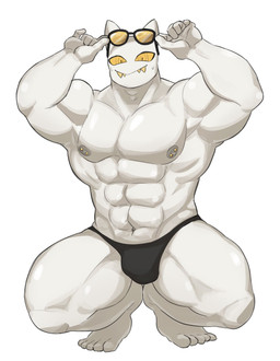 abs anthro black_clothing black_swimwear bodily_fluids bulge clothed clothing crouching eyewear feet goggles humanoid_feet male muscular muscular_anthro muscular_male navel nipple_piercing nipples noseless pecs piercing plantigrade pointy_ears sharp_teeth simple_background smile solo speedo sweat swimming_goggles swimwear teeth topless white_background white_body white_skin yellow_eyes yellow_teeth oyasmis miya_(oyasmis) domestic_cat felid feline felis mammal hi_res