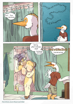 5_fingers anthro areola bathing bathroom big_breasts biped blush bottomwear breasts brush clitoral_hood clothed clothed_anthro clothed_male clothing cloven_hooves dialogue duo feathers female female_anthro fingers fur genitals hooves humanoid_hands male male/female male_anthro morning navel nervous nipples nude nude_anthro nude_female page_number shirt shorts shower showering speech_bubble tan_body tan_fur text toothbrush topwear unguligrade vulva wet wet_body wet_fur white_body white_feathers kantachibli clover_(kantachibli) phillip_(kantachibli) avian bird bovid bovine cattle heron mammal pelecaniform comic english_text hi_res url