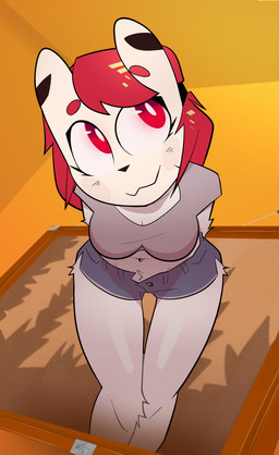 anthro blue_bottomwear blue_clothing blue_shorts bottomwear breasts circle_eyebrows clothed clothed_anthro clothed_female clothing eyebrows female female_anthro front_view fur grey_clothing grey_shirt grey_topwear hair mouth_closed navel navel_piercing picture_frame piercing red_eyebrows red_eyes red_hair shirt shorts smile solo topwear unbuttoned_shorts white_body white_fur white_sclera buxy bagel_(bitingbagels) 2025 absurd_res dated digital_media_(artwork) hi_res portrait three-quarter_portrait
