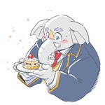 anthro blue_eyes blush cake cake_slice clothing dessert food grey_body holding_cake holding_food holding_object holding_plate male necktie proboscis_(anatomy) slightly_chubby solo suit trunk_(anatomy) tusks takagi_kyou tamacolle hizen_(tamacolle) elephant elephantid mammal proboscidean 1:1