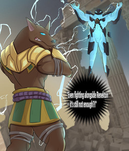 abs anthro armor clothed clothing duo fur looking_at_another male muscular muscular_anthro muscular_male pecs teeth text reneksus league_of_legends riot_games tencent nasus_(lol) xerath_(lol) anubian_jackal canid canine canis elemental_creature energy_being humanoid jackal mammal absurd_res english_text hi_res