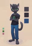 anthro black_body black_fur bottomwear clothed clothing crossed_arms denim denim_bottomwear denim_clothing eyewear fur glasses green_eyes jeans male pants shirt solo standing topwear elodoart ashram_(dxashram) domestic_cat felid feline felis mammal 2020 hi_res model_sheet