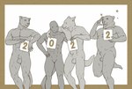 abs animal_genitalia anthro arm_around_shoulders balls cloaca frown genitals group hug male muscular navel nude pecs pose sheath smile standing star 9x9 new_year_2022 ambiguous_species bear canid canine canis felid feline lizard mammal reptile scalie wolf