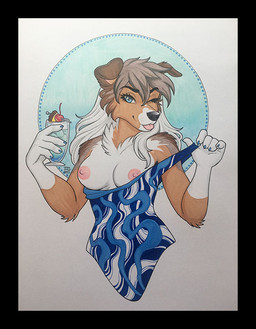 anthro areola arm_tuft beverage black_border black_nose blep border breasts brown_hair claws clothing container cup elbow_tuft female finger_claws floppy_ears fur glistening glistening_nose hair looking_at_viewer medium_breasts multicolored_body multicolored_fur multicolored_hair nipples one-piece_swimsuit one_eye_closed pink_areola pink_nipples pose round_breasts simple_background snout solo swimwear tongue tongue_out tuft white_hair wink winking_at_viewer luthien_nightwolf stacy_(grimsilverfire) canid canine canis collie domestic_dog herding_dog mammal pastoral_dog rough_collie sheepdog 2022 bust_portrait dated pinup portrait signature traditional_media_(artwork)