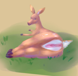 animal_genitalia anus big_butt butt female feral fur genitals grass looking_at_viewer lying lying_on_grass lying_on_ground nude on_grass on_ground on_side plant scut_tail short_tail simple_background smile solo spread_vulva spreading tail vulva cutomorrow deer mammal absurd_res digital_media_(artwork) hi_res