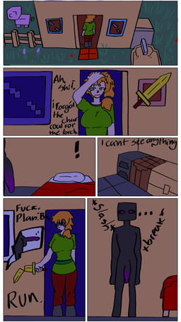 anthro bed bedding big_breasts big_penis black_body black_skin blanket breasts broken_sword chest_(container) clothed clothing dialogue duo female female/female fur furniture genitals golden_sword green_clothing green_eyes hair holding_melee_weapon holding_object holding_weapon male male/male melee_weapon mine night not_furry nude orange_hair penis picture_frame pillow pink_body pink_fur purple_eyes red_blanket scared standing sword text weapon riozzy_witroy7 microsoft minecraft mojang xbox_game_studios alex_(minecraft) domestic_pig enderman human mammal pig_(minecraft) suid suine sus_(pig) 9:16 comic english_text hi_res