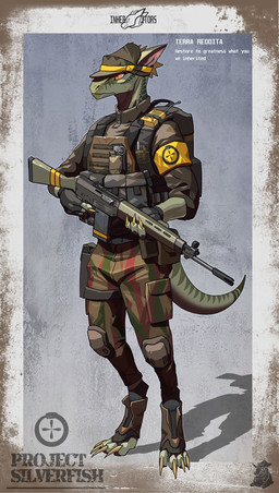 4_fingers 4_toes abstract_background anthro armband armor backpack body_armor border bottomwear camo camo_clothing camo_print claws clothed clothing digitigrade explosives feet fingerless_gloves fingers footwear furgonomic_footwear furgonomic_headwear furgonomics gloves green_body grenade gun handwear hat headgear headwear holding_gun holding_object holding_ranged_weapon holding_rifle holding_weapon knee_pads logo male military_uniform pants pattern_clothing ranged_weapon rifle scar sg_551 shirt solo standing tail tapering_tail text toes topwear uniform weapon 419667 project_silverfish inheritor lizard reptile scalie absurd_res artist_logo english_text hi_res