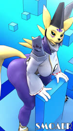 anthro big_breasts black_sclera bouncing_breasts breasts butt clothing curvy_figure dancing female hat headgear headwear hip_sway music shaking_butt smile solo thick_thighs voluptuous yellow_body smoaer warfaremachine_(modeler) bandai_namco digimon warfare_taomon canid digimon_(species) mammal taomon 3d_(artwork) 9:16 animated blender_(artwork) digital_media_(artwork) hi_res short_playtime sound webm