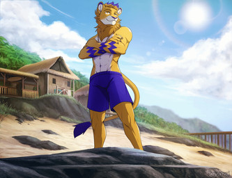 anthro beach_house blinking blue_bottomwear blue_clothing blue_shorts bottomwear building clothed clothing cloud crossed_arms house male rock sea shorts sky smile solo summer sun swimwear topless topless_anthro topless_male water seyumei felid lion mammal pantherine 2021 animated