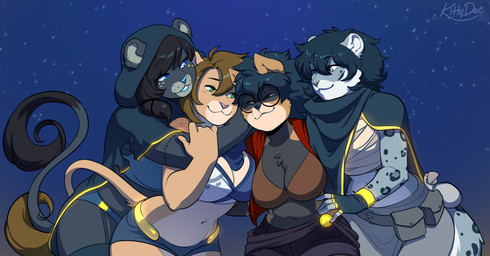 5_fingers anthro black_hair breasts clothed clothing detailed_background eyebrows eyelashes female fingers green_eyes group hair midriff navel night outside sky smile star starry_sky kittydee jason_markova sunnet felid leopard lion mammal pantherine procyonid raccoon snow_leopard 2022 absurd_res dated digital_media_(artwork) hi_res