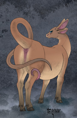 4_ears anus bedroom_eyes blue_eyes bodily_fluids brown_body brown_fur butt dripping erection feral fur genital_fluids genitals hooves long_tail looking_at_viewer male multi_ear narrowed_eyes penis perineum pink_anus precum precum_drip prehensile_penis presenting presenting_anus puffy_anus seductive solo tail whinndoe_(artist) whinn_doe bovid bovine cattle hybrid mammal hi_res
