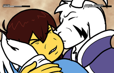 anthro brown_hair duo eyebrows eyes_closed fur grimace gui hair head_grab horn kissing male markings parody simple_background teeth textured_background white_body white_fur yellow_body yellow_skin quetzadrake konami metal_gear undertale undertale_(series) asriel_dreemurr_(god_form) frisk_(undertale) boss_monster_(undertale) bovid caprine goat human mammal 2015 crossover