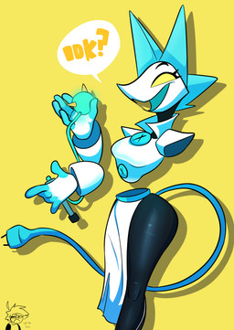 anthro blue_body cord_tail empty_eyes female floating_hands holding_mace mace machine melee_weapon shadow side_view solo speech_bubble standing text thick_thighs weapon white_body wide_hips yellow_sclera klacket deltarune undertale_(series) tasque_manager darkner humanoid robot absurd_res english_text hi_res