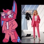 anthro blue_tail clothing dipstick_ears dipstick_tail ear_markings eyewear eyewear_on_head female fur glasses glasses_on_head grey_tail hand_in_pocket looking_at_viewer male markings multicolored_ears multicolored_tail pink_body pink_clothing pink_fur pink_suit pink_tail pockets real solo suit tail tail_markings that_fur barbie_(doll) mattel nintendo pokemon keyai_(that_fur) canid canine eeveelution fox generation_2_pokemon human mammal pokemon_(species) umbreon 1:1 alpha_channel reference_image