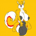 anthro balls big_breasts big_penis breasts erection fluffy fur genitals gynomorph hyper intersex nipples nude penis simple_background solo tail wide_hips yellow_background yellow_body yellow_fur outlandish_studios husqi canid canine canis domestic_dog husky mammal nordic_sled_dog spitz 1:1 absurd_res hi_res